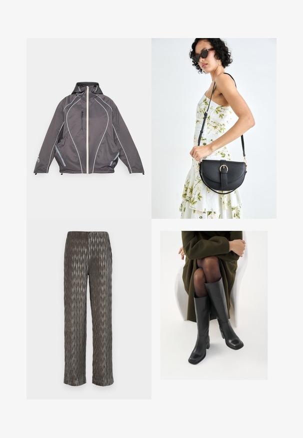 Giacca a vento grigio scuro con cappuccio, zip frontale bianca, tasca sul petto con zip verticale, piping riflettente curvo e due tasche laterali, appoggiata su una superficie piatta.; Top in satin nero con spalline sottili, realizzato in un tessuto liscio e elasticizzato, con una silhouette aderente. Confezione da due.; Pantaloni larghi plissettati grigi con un motivo testurizzato a forma di diamante. Materiale morbido, vita elastica e lunghezza cropped.; Stivali neri in pelle alti fino al ginocchio con punta squadrata e tacco a blocco, mostrati con un modello seduto in un cappotto verde oliva. Texture liscia, dettagli minimi.; Borsa a tracolla nera in pelle con una forma curva, manico rimovibile e accessori dorati. La borsa presenta una patta con un dettaglio a fibbia.