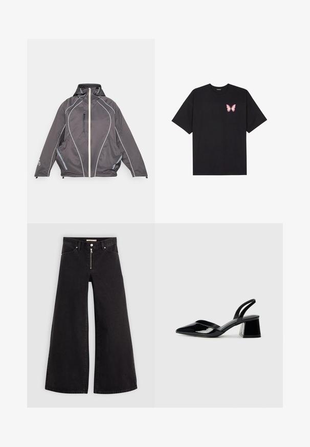 Dunkelgraue Kapuzenjacke mit durchgehendem weißen Reißverschluss, senkrechtem Reißverschluss-Brusttasche, gebogener reflektierender Paspelierung und zwei Seitentaschen, flach ausgelegt.; Schwarzes Baumwoll-T-Shirt mit kurzen Ärmeln, das ein kleines pinkes Schmetterlingsmotiv auf der linken Brust zeigt. Crewneck-Design mit einem entspannten Schnitt.; Schwarze Denim-Jeans mit weitem Bein, Reißverschluss vorne, Fünf-Taschen-Design und dezenten Stickdetails. Glatte Textur und lässiger Stil.; Schwarze Lackleder-Slingback-High Heels mit spitzem Schuh und einem geometrischen Blockabsatz. Verfügt über ein schlankes, minimalistisches Design und eine glatte Textur.
