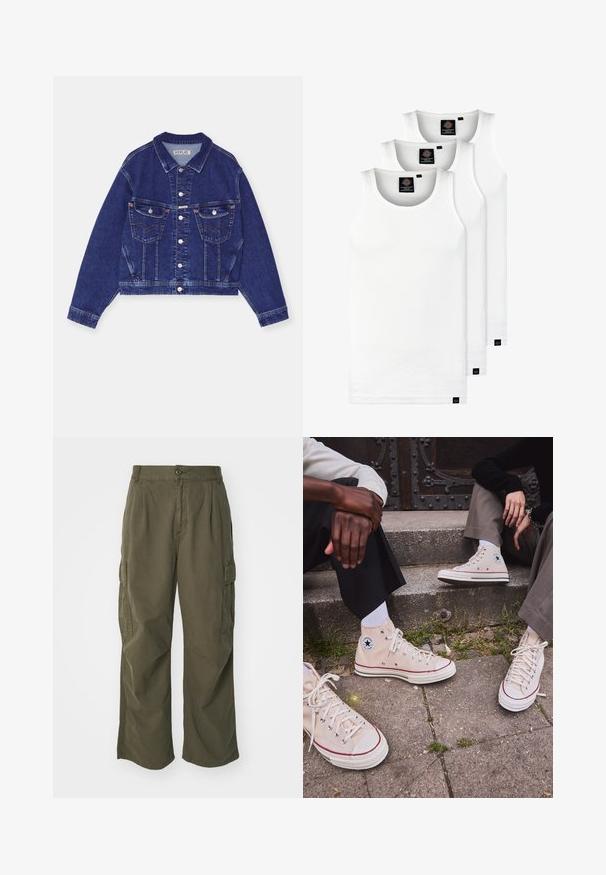 Giacca di jeans, blu scuro, design cropped, abbottonatura frontale, due tasche sul petto con alette, cuciture a contrasto, maniche lunghe con polsini abbottonati.; Tre canotte bianche a coste in cotone. Presentano un colletto rotondo e piccole etichette nere vicino all'orlo. Disponibile in diverse taglie.; Pantaloni cargo in verde oliva, realizzati in cotone, con un design a gamba larga, pieghe e tasche laterali per utilità.; Sneakers alte in tela beige con striscia rossa, suola in gomma bianca e occhielli metallici, con l'iconico logo a stella sul lato.