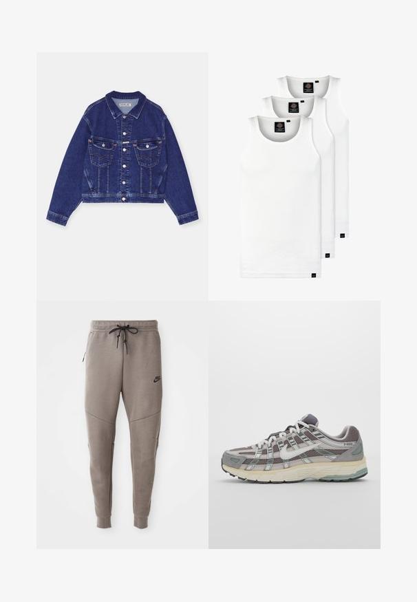 Džinsu jaka, tumši zila, īsa piegriezuma, pogu priekšpuses, divas krūšu kabatas ar atloks, kontrastējoši šuvumi, garas piedurknes ar pogu aprocēm.; Trīs baltas ribotas krūšturi, kas izgatavoti no kokvilnas. Iezīmēti ar apaļu kakla izgriezumu un maziem melniem etiķetēm tuvu apakšmalai. Pieejami vairākos izmēros.; Pelēki Nike sporta bikses ar aukliņu viduklī, sašaurinātiem galiem, sānu kabatām un izteiktām šuvēm. Mīksta, teksturēta auduma.; Pelēkie sporta apavi ar tīkla un zamša augšdaļu, baltiem akcentiem, mīkstinātu zoli un izcilu dizainu ar atstarotājiem.