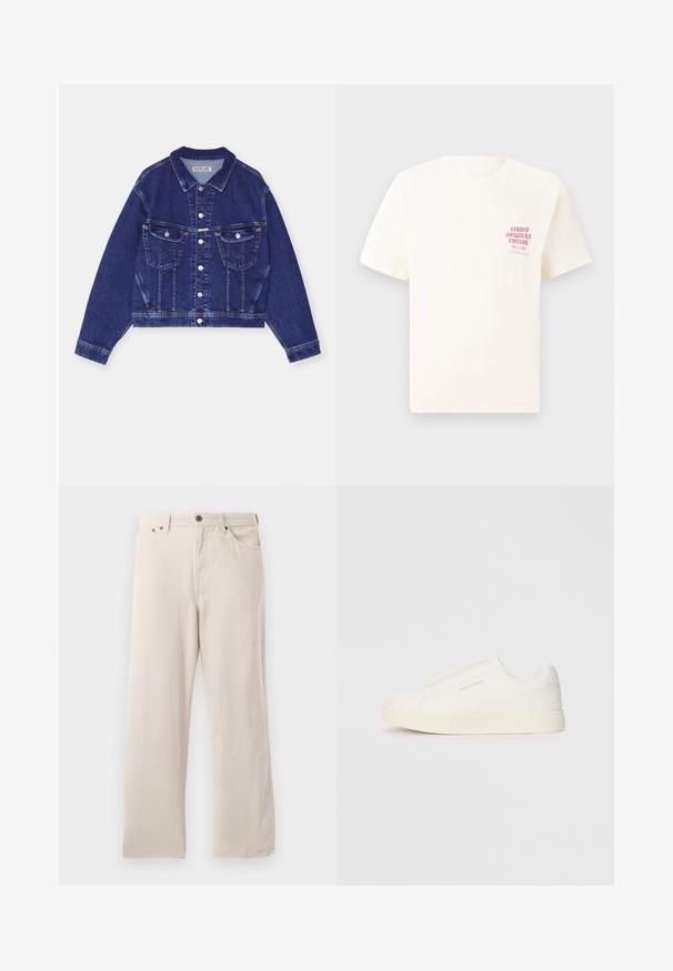 Jeans jakna, temno modra, skrajšana zasnova, sprednji gumbi, dve žepni žepe z poklopcem, kontrastni šivi, dolgi rokavi z gumbnimi manšetami.; Bela majica s kratkimi rokavi z rdečim napisom "Studio Originals Edition" na levi strani prsnega koša, prikazana na nevtralnem sivo backgroundu.; Bež plisse hlače s ravnim krojem, z ribasto teksturo, petimi žepnimi detajli in zapiranjem na gumb.; Bele zapete brez vezalk z teksturirano površino, debelim podplatom in minimalističnim dizajnom. Na strani se nahaja logotip blagovne znamke.