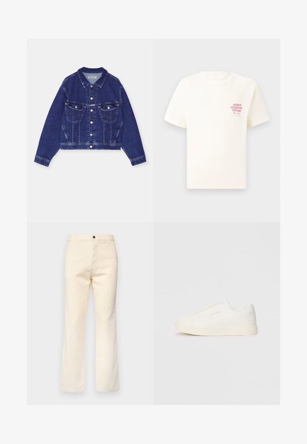 Τζάκετ τζιν, σκούρο μπλε, κοντό σχέδιο, μπροστινό κούμπωμα, δύο επάνω τσέπες με καπάκι, αντίθετη ραφή, μακρύ μανίκι με κουμπωτούς καρπούς.; Άσπρη κοντομάνικη μπλούζα με κόκκινο κείμενο "Studio Originals Edition" στο αριστερό στήθος, παρουσιασμένη σε ουδέτερο γκρι φόντο.; Κρέμα βαμβακερά τζιν παντελόνια με κανονική λεία γραμμή, διαθέτουν κλείσιμο με κουμπί μπροστά και κλασικό σχέδιο πέντε τσεπών.; Λευκά slip-on παπούτσια με υφή, παχύ πάτο και μινιμαλιστικό σχέδιο. Φέρει το λογότυπο της μάρκας στο πλάι.