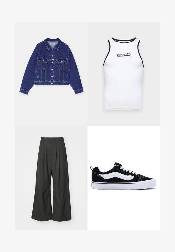 Farkkutakki, tummansininen, lyhennetty malli, napit edessä, kaksi sisätaskua läpällä, kontrastivärinen ompelu, pitkät hihat nappikiinnityksellä.; Valkoinen hihaton toppi, jossa on musta reuna, sileä pinta ja tulostettu "ATOMIC" -logo keskellä rintaa.; Jaded London GOLIATH TROUSER UNISEX - Housut - grey; Mustat mokkasandaalit valkoisilla yksityiskohdilla, matala malli, nauhakiristys ja paksu valkoinen kumipohja. Brändilogo kantapäällä.