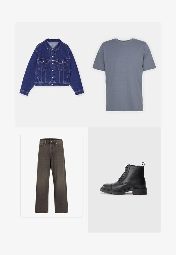 Jachetă din denim, albastru închis, design scurt, închidere cu nasturi, două buzunare pe piept cu clapetă, cusături contrastante, mâneci lungi cu mansete închise cu nasturi.; Tricou gri cu mânecă scurtă, cu guler rotund, confecționat dintr-un material moale din amestec de bumbac. Design simplu, fără modele sau accente.; Blugi cu picioare largi din denim gri închis, cu talie înaltă, design clasic cu cinci buzunare și cusături contrastante pe cusături.; Botine negre din piele, cu şireturi, cu talpă groasă, detalii de cusătură, logo al mărcii pe lateral și bandă de prindere în spate.