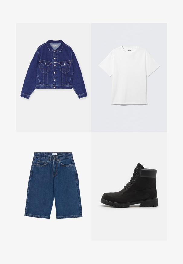 Jaqueta de ganga, azul escuro, design curto, frente com botões, dois bolsos no peito com aba, costura em contraste, mangas longas com punhos abotoados.; T-shirt branca de manga curta em algodão, com gola redonda e corte descontraído. O tecido apresenta uma textura suave e uniforme.; Calções de ganga em azul escuro, com um design de cinco bolsos, corte reto e costuras visíveis. Textura suave e cintura média.; Bota de tornozelo preta com atacadores, com colarinho acolchoado e sola robusta, apresentada em perfil contra um fundo branco.