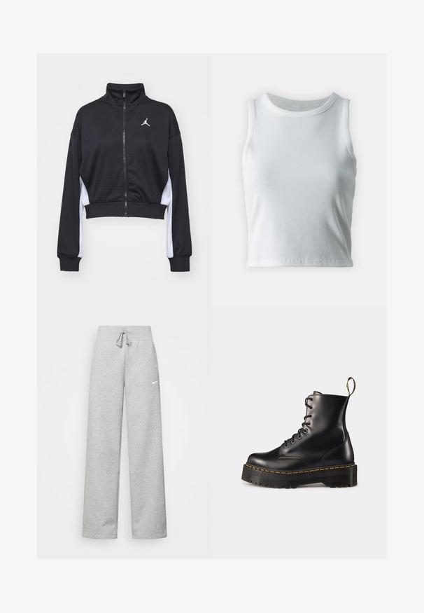 Black cropped athletic jacket with high collar, zip closure, and white side panels. Features a small logo on the chest area.; White ribbed tank top with a round neckline and sleeveless design, featuring a straight hem and a smooth, stretchy texture.; Gray sweatpants with an elastic waistband, drawstring detail, and a small white Nike logo on the left thigh. Soft fabric, loose fitting.; Black leather lace-up ankle boots with a chunky black sole and yellow stitching. Features a pull tab at the back and circular metal eyelets.