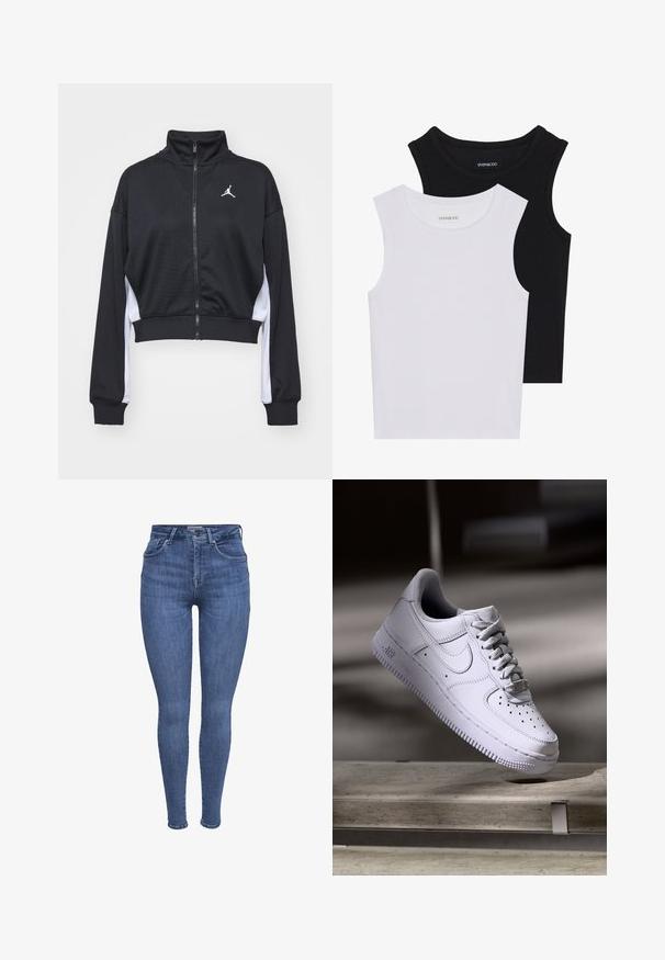 Fekete, rövidített cipzáras kabát sima anyagból, hosszú ujjakkal, magas gallérral, fehér oldalsó díszítéssel és a mellkason kis logóval.; Két ujjatlan felső fekete és fehér színben, bordás pamutból készült, kerek nyakkivágással és testhez simuló fazonnal. Mindkettőn látható címke.; Kék, magas derékú skinny farmernadrág elülső zsebekkel, gombos, cipzáras záródással és övhurkokkal, fehér háttér előtt.; Fehér Nike Air Force 1 sportcipő lebeg egy betonfelület felett árnyékokkal, minimalista környezetben.