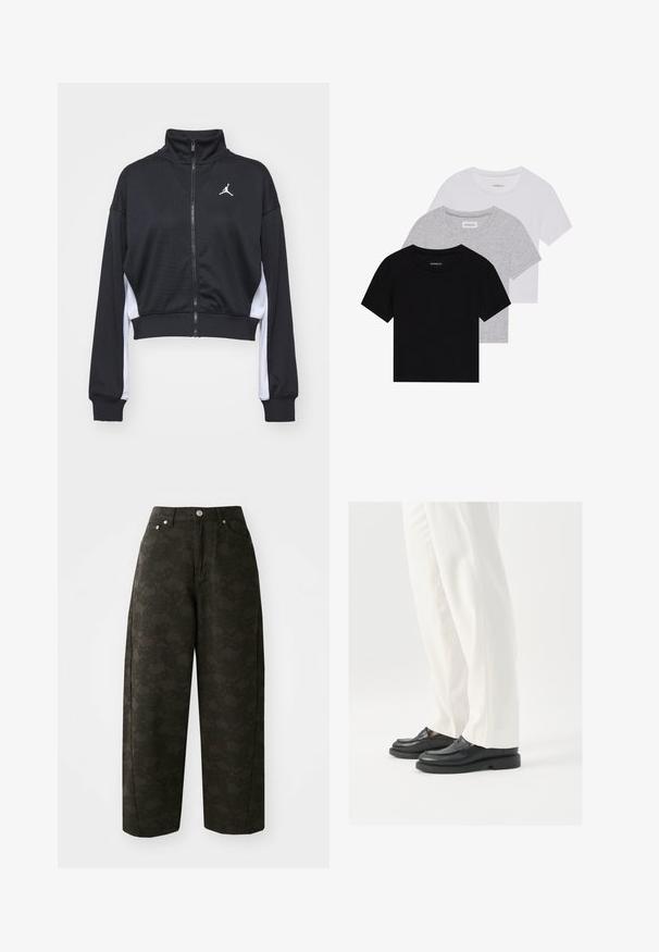 Schwarze, verkürzte Sportjacke mit hohem Kragen, Reißverschluss und weißen Seitenstreifen. Verfügt über ein kleines Logo auf der Brust.; Set aus drei kurzärmeligen T-Shirts in Schwarz, Grau und Weiß. Hergestellt aus Baumwolle, mit Rundhalsausschnitt und einem einfachen, einfarbigen Design.; Dunkelgrüne weit geschnittene Hosen verfügen über ein strukturiertes Blumenmuster, ein Fünf-Taschen-Design und Metallknopfverschlüsse an der Taille.; Schwarze Lederloafers mit glatter Textur, mit Stichdetails und runder Zehenform, kombiniert mit weißen maßgeschneiderten Hosen.