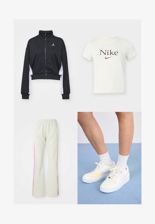 Melna īsa rāvējslēdzēja jaka no gludas auduma, ar gariem piedurknēm, augstu apkakli, baltām sānu akcentēm un nelielu logotipu uz krūtīm.; Balts īsais krekliņš ar īsām piedurknēm, uz kura ir brūns "Nike" teksts un leopardu raksta Nike swoosh logo uz krūtīm.; Gaiši beigi bikses ar elastīgu jostu, aprīkotas ar rozā sānu paneļiem un sānu kabatām. Gluda tekstūra ar taisnu kāju dizainu.; Balti ādas sporta apavi ar dzelteniem un lavandas akcentiem, apaļa purngala forma, plakani šņores un teksturēta gumijas zole. Valkāti ar baltām zeķēm.