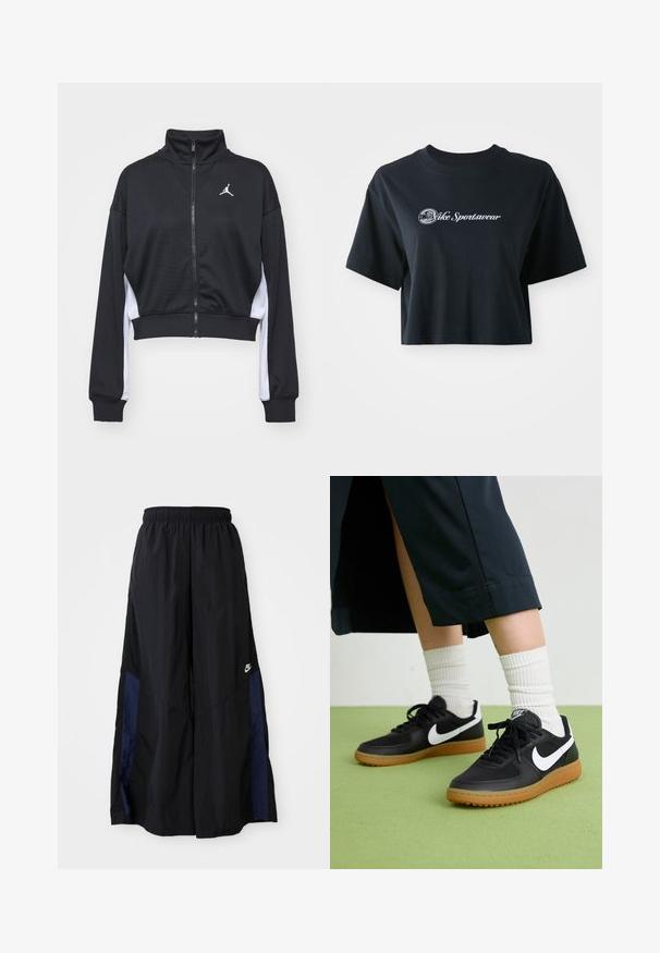 Fekete, rövidített cipzáras kabát sima anyagból, hosszú ujjakkal, magas gallérral, fehér oldalsó díszítéssel és a mellkason kis logóval.; Rövid ujjú, cropped fekete pamut póló, fehér "Vice Sportswear" felirattal és kör alakú grafikával az elején.; Fekete, bő szárú nadrág könnyű anyagból, tengerészkék oldalsó panellel és elasztikus derékkal. Kicsi fehér logó az alján.; Fekete bőr és szintetikus sneakers, fehér Nike logo-val, gumi talppal, kerek orral és fekete fűzővel. Csíkos fehér zokni látható.