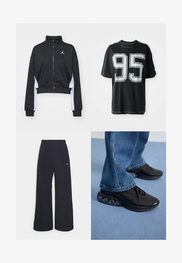 Melna sporta jaka ar īsu piegriezumu, augstu apkakli, rāvējslēdzēja aizdari un baltām sānu daļām. Izceļas ar nelielu logotipu krūšu rajonā.; Melnas kokvilnas t-krekls ar īsām piedurknēm, kuram priekšā ir balts drukāts skaitlis "95" un kontrastējoša šuvuma apdare gar malām.; Melnas platās bikses ar elastīgu jostu un mazu baltu Nike logo. Audumam ir gluda tekstūra, kas paredzēta ērtībai un ikdienas valkāšanai.; Melnas sporta kedas ar sietu augšdaļu, teksturētām akcentiem un redzamajām gaisa amortizācijas podiem zolei. Valkātas ar zilu džinsu biksēm.