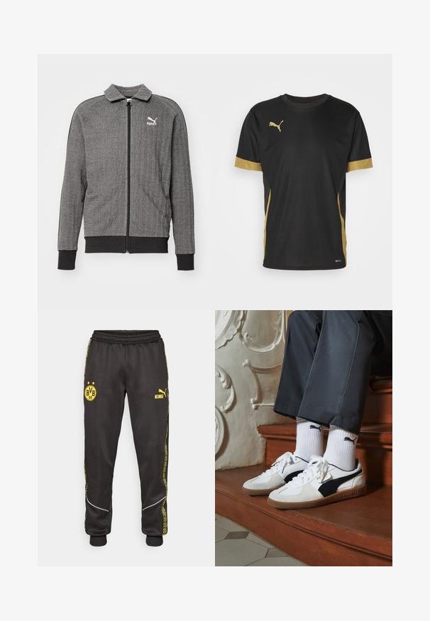 Puma Tröja med dragkedja - black alpine snow; Svart tränings T-shirt med guld accenter på ärmar och sida. Har rund hals, korta ärmar och fukttransporternande DRYCELL tyg.; Svarta träningsbyxor med gula Borussia Dortmund BVB 09 och Puma King-logotyper, elastisk midja och mönstrade gula sidosträck.; Puma-sneakers i vit och svart mocka, med en brun gummisula. Kombinerade med vita strumpor som visar upp en svart logotyp, bärs tillsammans med mörka byxor.