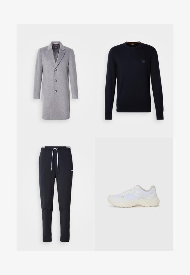 Szürke gyapjú kabát, melynek jellegzetes gallérja, három gombos záródása, oldalsó zsebei és sima bélésű belseje van. Klasszikus szabású, elegáns fazon.; Sötétkék kötött pulóver hosszú ujjakkal, kerek nyakkal, bordás mandzsettával és szegéllyel, kis négyzet alakú logóval a mellkason.; Fekete, slim-fit rakott nadrág fehér zsinórral, elasztikus derékpánttal, fehér csíkokkal, és kisebb fehér logóval a comb felső részén.; Fehér sportcipők, amelyek hálós és velúr anyagból készültek, texturált középtalppal, texturált részletekkel és a "HUGO" logóval az oldalon.