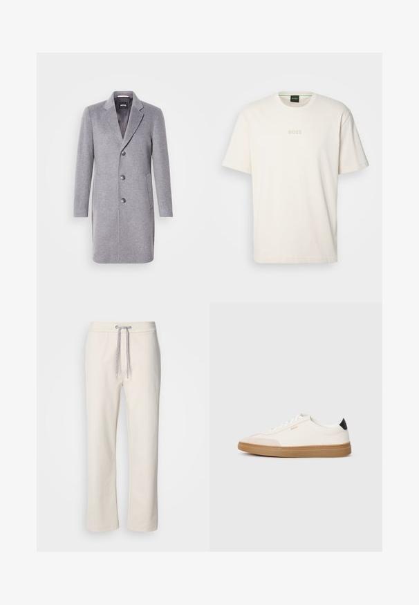 Sivi volneni plašč z ovratnikom, zapiranjem na tri gumbe, stranskimi žepi in gladkim notranjim podlogom. Klasična krojena oblika.; BOSS TEE - Navadna majica - open white; Kremaste ležerne hlače z vrvico v pasu in ravnimi nogavicami, prikazane na beli enotni podlagi.; Bele tenisice z bež poudarki, gladek usnjeni zgornji del, okrogla konica in gumijasti podplat, ki vključuje črn petni trak in subtilno označevanje.