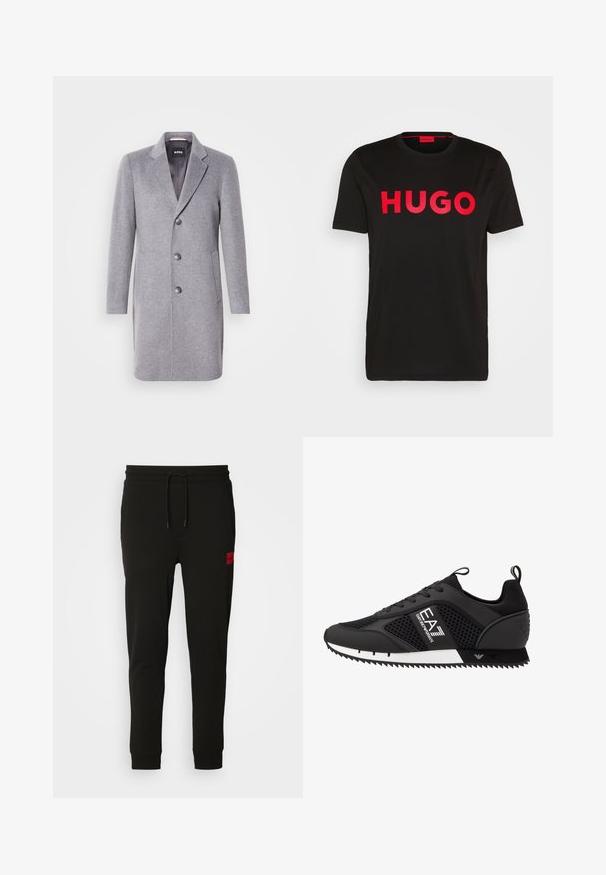 Abrigo de lana gris con cuello de solapa, cierre de tres botones, bolsillos laterales y un forro interior suave. Forma clásica y entallada.; Camiseta de algodón negra con el text bold rojo "HUGO" en la parte frontal, mangas cortas, cuello redondo y un corte relajado.; Pantalones de chándal negros hechos de tela suave, con cintura ajustable con cordón, corte slim y un parche de logo rojo en el muslo izquierdo.; EA7 Emporio Armani LACES UNISEX - Zapatillas - black/white