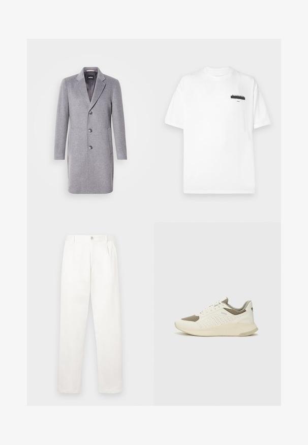 Abrigo de lana gris con cuello de solapa, cierre de tres botones, bolsillos laterales y un forro interior suave. Forma clásica y entallada.; Camiseta de algodón blanca con cuello redondo, mangas cortas y un gráfico negro minimalista impreso en el pecho. Textura suave y corte estándar.; Pantalones blancos hechos de una tela suave, con un diseño de pierna recta, pliegues en la parte frontal y un cierre de botón en la cintura.; Zapatilla deportiva en blanco y beige claro, con parte superior de malla, detalles perforados y una mediasuela texturizada con la marca en el talón.