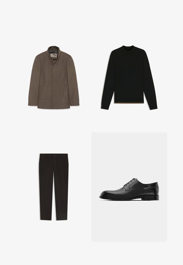 Brun ullrock med hög krage, två sidofickor och en slät foder. Enkelt design utan synliga knappar eller mönster.; Svart stickad tröja med långa ärmar och hög krage. Har en guldaccent vid fållen. Slät textur och figurnära design.; Svarta byxor med rak ben-design, tillverkade av ett glatt tyg. Har en knappstängning och framfickor. Inga synliga mönster eller dekorationer.; Svarta läderkläderskor med rund tå, slät yta, minimala sömmar och platt sula med subtil logotyp på hälen.