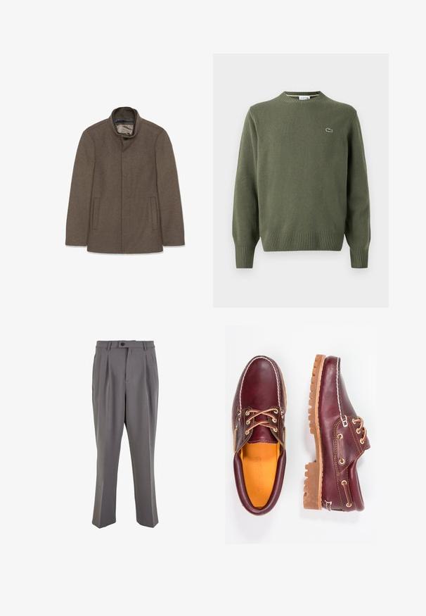 Pruun villane mantel, millel on kõrge krae, kaks küljetaskut ja sile sisemine vooder. Lihtne disain ilma nähtavate nuppude või mustriteta.; Olive rohelise värvi lihtne kudum, millel on ümmargune kaelus, soonikkoes randmed ja alus, ning vasakul rinnal väike broderi logo.; Hallid volangiga püksid, mis on valmistatud siledast kangast, sirge lõikega, ühe nupuga kinnitusega ja vöödega. Minimalistlik disain.; Burgundia nahkkingad pruunide kummitaldadega, ümmarguse varbaga, valge tikandi ja kuldsete silmadega. Siseosa on kollase voodriga.