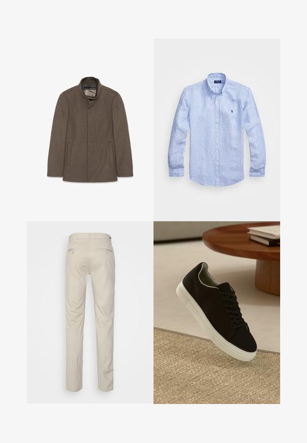 Pruun villane mantel, millel on kõrge krae, kaks küljetaskut ja sile sisemine vooder. Lihtne disain ilma nähtavate nuppude või mustriteta.; Sinine ja valge triibuline pikkade varrukatega särk, mis on valmistatud puuvillast, ning millel on nööbitav krae, esi-nööbid ja väikese tikandiga logo rinnal.; Bež püksid siledas tekstuuris, sirge lõikega, kahe nööpidega tagataskuga ja tavalise vöökohaga.; Mustad musta tossuga valge tallaga, mis hõljub beeži tekstuuriga vaiba kohal, ümaral puidust laual, mille peal on kokku virnastatud raamatud.
