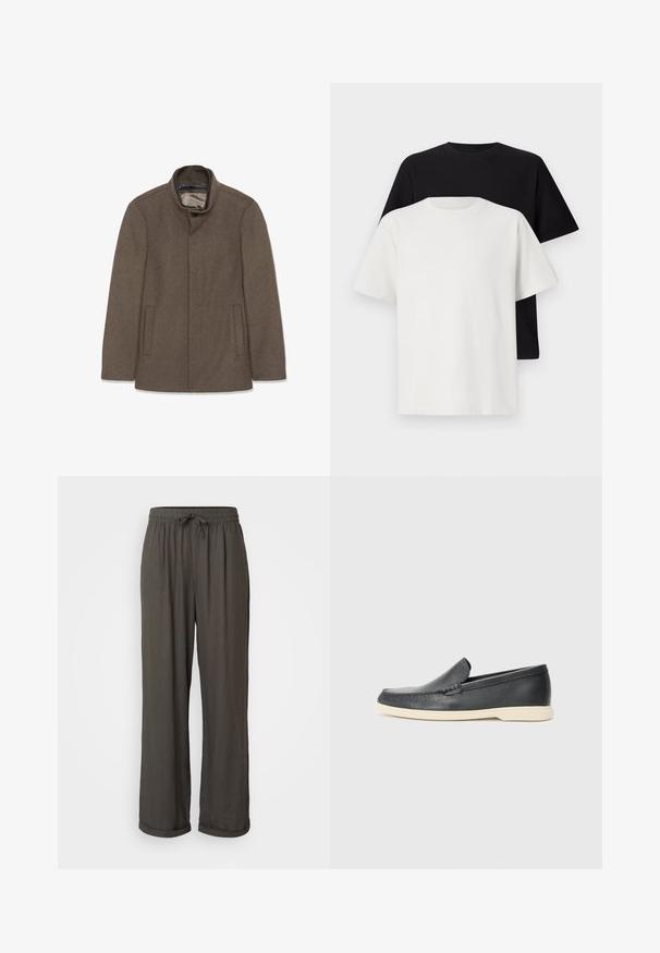 Hnedý vlnený kabát s vysokým golierom, dvoma bočnými vreckami a hladkou podšívkou. Jednoduchý dizajn bez viditeľných gombíkov alebo vzorov.; Bavlnená súprava tričiek, ktorá obsahuje čierne tričko a biele tričko, obe s krátkymi rukávmi, okrúhlym výstrihom a štandardným strihom. Textúrovaná látka.; Tmavošedé nohavice s voľným strihom a šnúrkou v páse, vyrobené z mäkkej, textúrovanej tkaniny, s rolovanými manžetami na členkoch.; Čierne kožené slip-on mokasíny s textúrovaným povrchom a kontrastnou béžovou gumovou podrážkou. Obsahujú jemný akcent pozdĺž prednej časti.