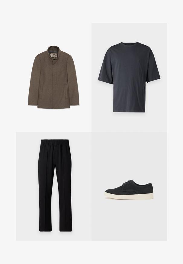 Pruun villane mantel, millel on kõrge krae, kaks küljetaskut ja sile sisemine vooder. Lihtne disain ilma nähtavate nuppude või mustriteta.; Tumehall lühikeste varrukatega T-särk, mis on valmistatud kerge puuvilla segust, laia lõikega ja klassikalise ümmarguse kaelusega, täiesti sile ja ilma mustriteta.; Mustad, elastse puusärgid sirge säärega, mis on sileda tekstuuriga ja ilma nähtavate mustrite või riistadega.; Must musta lakkidega kingad, ümarate varvastega, kerge kreemivärvi tallaga ning peene sinise õmblusega pealispinnal.