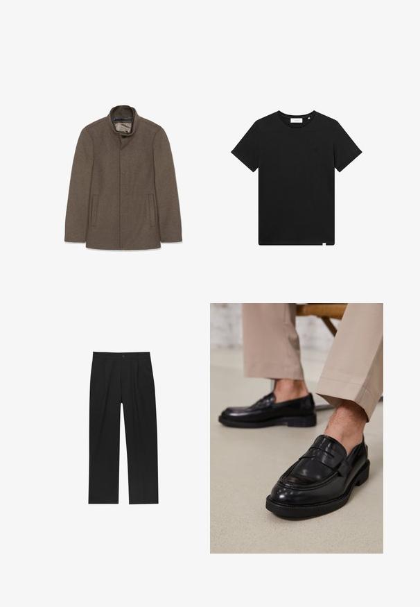 Hnedý vlnený kabát s vysokým golierom, dvoma bočnými vreckami a hladkou podšívkou. Jednoduchý dizajn bez viditeľných gombíkov alebo vzorov.; Čierne tričko s krátkym rukávom vyrobené z bavlny, s okrúhlym výstrihom a malým logom vyšitým na hrudi. Hladká textúra, štandardný strih.; Čierne nohavice s rovnými nohavicami, vyrobené z hladkej tkaniny. Majú predné puky a jediné gombíkové zapínanie v páse.; Čierne kožené poltopánky s hladkým povrchom, so zdobným remienkom a kontrastným prešívaním, skombinované s béžovými nohavicami.