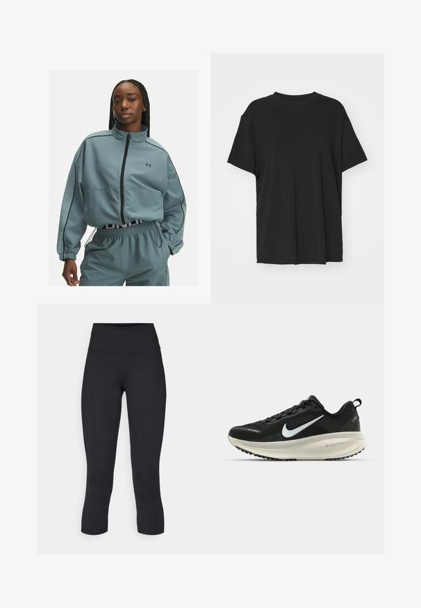 Světle modrá zkrácená bunda s vysokým límcem, zipovým uzávěrem, černými ozdobnými lemy a logem Under Armour na levé části hrudi.; Černé tričko s krátkým rukávem vyrobené z hladkého materiálu, s kulatým výstřihem a volným střihem. Obsahuje boční rozparky pro větší pohodlí a prodyšnost.; Černé zkrácené legíny vyrobené z pružné látky, s vysokým pasem a hladkou texturou, bez viditelných vzorů nebo kovových prvků.; Černá běžecká obuv Nike s prodyšným síťovaným svrškem, bílým logem swoosh, texturovanými detaily a krémovou mezipodešví ZoomX.