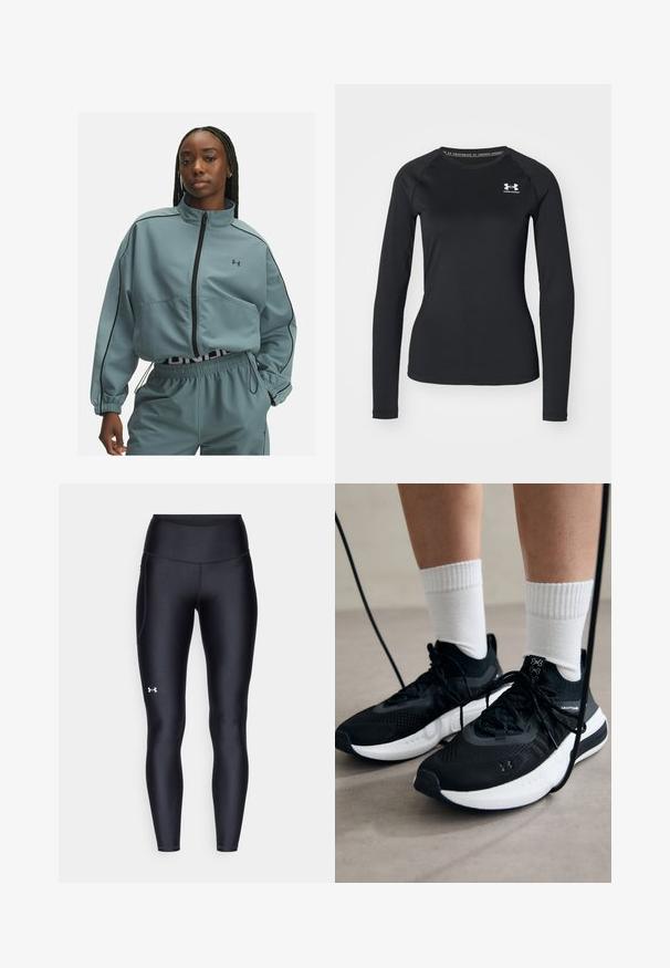 Hellblaue, taillierte Jacke mit hohem Kragen, Reißverschluss, schwarzen Paspel-Details und einem Under Armour-Logo auf der linken Brust.; Schwarzes langärmliges Sportshirt aus glattem Material, mit Rundhalsausschnitt und einem kleinen weißen Logo auf der linken Brust.; Schwarze Leggings aus glattem, elastischem Material mit einem hohen Bund. Mit einem weißen Logo auf dem linken Oberschenkel und tailliertem Design.; Schwarze Sportschuhe aus strukturiertem Stoff, mit weißer Sohle und schwarzen Schnürsenkeln. Tragen mit weißen gerippten Socken, stehen auf einer hellen Fläche.