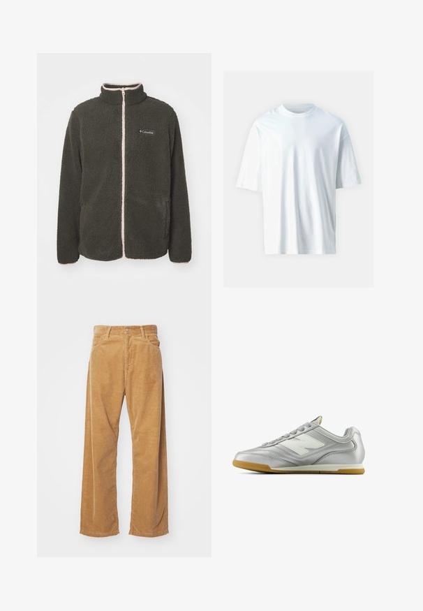 Fleecejacke in Dunkelgrün mit einem pinken Reißverschluss. Hoher Kragen, durchgehender Reißverschluss vorne und zwei Seitentaschen. Weiche Textur und kontrastierende Nähte.; Weißes T-Shirt mit kurzen Ärmeln aus weicher Baumwolle. Es hat einen runden Halsausschnitt, eine lockere Passform und eine glatte Textur. Keine sichtbaren Muster oder Akzente.; Corduroy-Hosen mit weitem Bein in einer beige Farbe. Mit strukturierten, vertikalen Rillen, einem Standardbund und zwei vorderen Taschen ausgestattet.; Silberner Sportschuh mit einer glatten, glänzenden Oberfläche, weißem Logo an der Seite, strukturierten grauen Schnürsenkeln und einer Sohle aus Gummi.