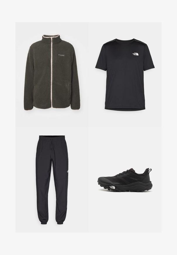 Fleecejakke i mørkegrønn med rosa glidelås. Høyt krage, hel glidelås foran og to sidelommer. Myk tekstur og kontrastsøm-detaljer.; Svart kortermet T-skjorte laget av lett materiale. Har en liten hvit logo på venstre bryst og subtile skulderdetaljer.; Sorte idrettsbukser laget av lett stoff, med snor i livet, sidelommer og smale mansjetter ved anklene.; Svart terrengløpesko med teksturert overdel, gummisåle og forsterket tåhette. Har polstret krage og løftestropp for enkel påkledning.