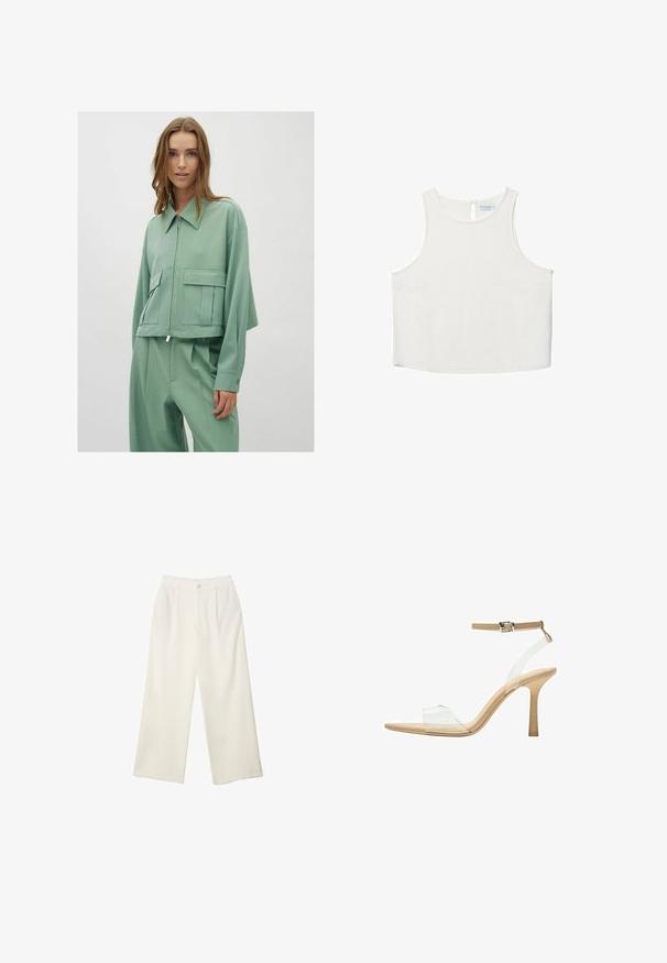 Jasnozeleni kratki kožuh s ovratnikom, prednjim zatvaračem i dvije velike zakrčaste džepove; napravljen od glatkog, laganog materijala.; Bijela bezrukavna majica s okruglim izrezom, koja ima suptilnu teksturu, detalj u obliku ključa na leđima i ravni rub.; Hlače širokih nogavica od kremaste tkanine s glatkom teksturom, s jednim prednjim gumbom, suptilnim plitvicama i visokim strukom.; Sandal s prozirnim potplatom i prozirnim gornjim dijelom, bež uloškom i tankim remenom oko gležnja. Ima špicasti vrh i tanak visoki potplat.