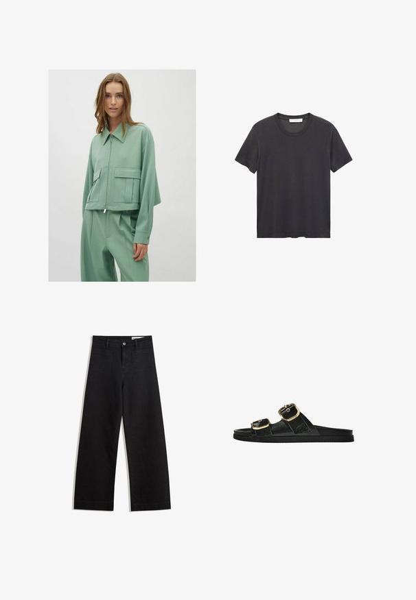 Miętowa, krótka kurtka z kołnierzykiem, zamkiem z przodu i dwiema dużymi naszytymi kieszeniami; wykonana z gładkiego, lekkiego materiału.; Czarna koszulka bawełniana z okrągłym dekoltem. Krótkie rękawy, luźny krój i prosty dół bez ozdób czy wzorów.; Czarne dżinsowe spodnie o szerokich nogawkach i wysokim stanie, z przednimi i tylnymi kieszeniami, przeszyciami oraz zapięciem na guziki. Gładka struktura.; Czarne klapki z dwoma złotymi klamrami, gładki materiał, płaska podeszwa i minimalistyczny design.