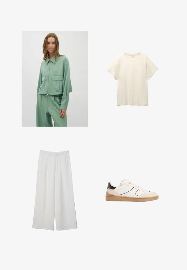 Minttivihreä lyhyt takki, jossa on kaulus, etuvetoketju ja kaksi suurta läppätaskua; valmistettu liukkaasta, kevyestä kankaasta.; Vaaleanbeige lyhythihainen t-paita, jossa on pyöreä kaula-aukko, valmistettu pehmeästä ja sileästä kankaasta. Ominaisuuksina rento mitta ja suora helma.; Valkoiset leveälahkeiset housut, jotka on valmistettu kevyestä kankaasta. Niissä on joustava vyötärö ja nauha säädettävää istuvuutta varten. Sileä pinta.; Stradivarius Matalavartiset tennarit - white