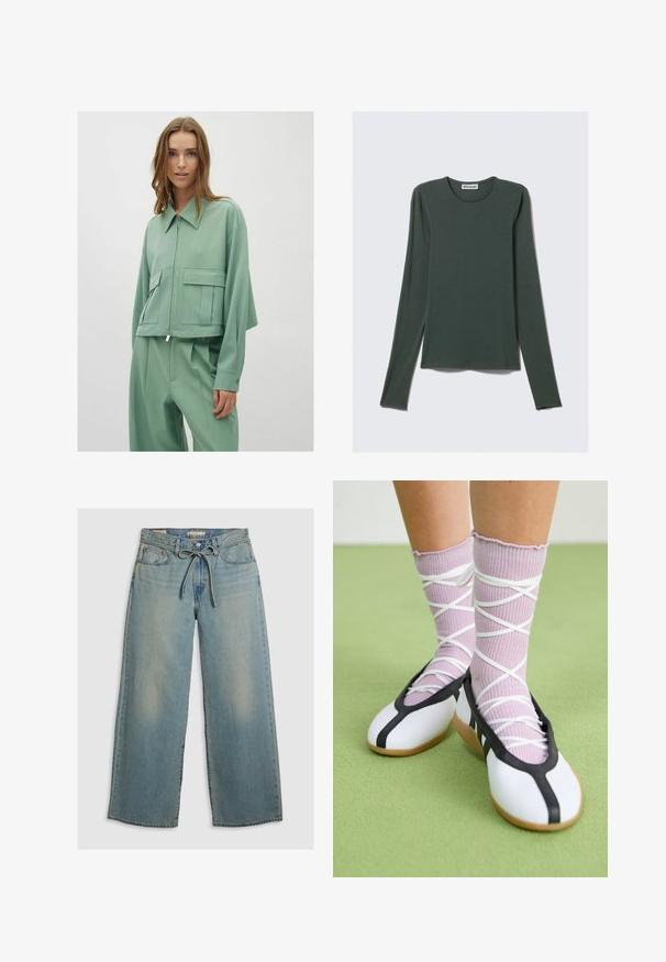 Mintgrüner, taillierter Blazer mit Kragen, Vorderreißverschluss und zwei großen aufgesetzten Taschen; aus einem glatten, leichten Stoff gefertigt.; Langarmshirt in Dunkelgrün aus weichem Stoff. Verfügt über einen Rundhalsausschnitt sowie eine lockere Passform mit geradem Saum. Markenlabel: WEEKDAY.; Hellblaue Jeans im weiten Schnitt aus Denim, mit einem Bindegürtel und subtilen Auswaschungen. Enthält zwei frontale Taschen und bietet eine entspannte Passform.; Weiße flache Schuhe mit schwarzem Besatz und Sohle, kombiniert mit helllilanen, gerippten Socken mit weißen Überkreuz-Riemen. Auf einem grünen Hintergrund.