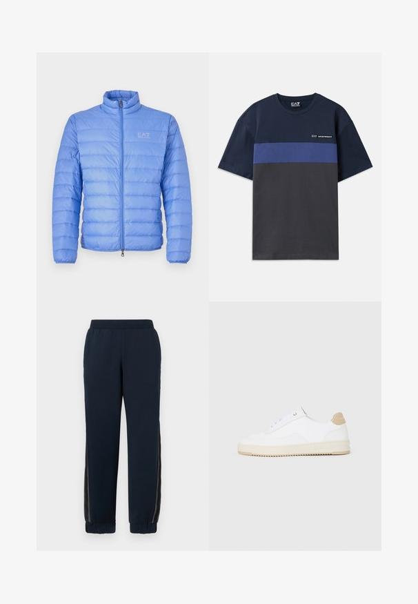 EA7 Emporio Armani TRAIN CORE JACKET - Casaco de penas - granada sky; T-shirt de algodão azul marinho com uma risca horizontal azul e uma parte inferior em carvão. Apresenta um pequeno logótipo no canto superior esquerdo.; Calças de moletão azul-marinho com uma textura suave, punhos estreitos e painéis laterais em malha. Cintura elástica para conforto e ajuste casual.; Sapatilhas brancas de cano baixo com parte superior em couro texturizado, sola cream estriada e detalhe em tan no calcanhar. Apresenta atacadores brancos e detalhe do logótipo no calcanhar.