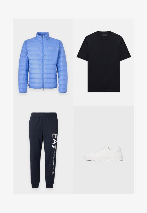 EA7 Emporio Armani TRAIN CORE JACKET - Pūkinė striukė - granada sky; Juoda trumpo rankovės marškinėliai su apvalia iškirpte, su subtiliu iškilniu logotipo dizainu viduryje krūtinės ir ženklu vidinėje apykaklės pusėje.; Tamsiai mėlynos medvilnės džinsai su elastinga juosta, siaurėjančiomis kojomis ir kontrastinėmis baltomis EA7 ir Emporio Armani logotipų spaudomis šonuose.; Balti sportbačiai su lygiu odiniu viršumi, apvaliu nosiu, raišteliais, tekstūruotomis šoninėmis detalėmis ir storu guminio pado. Minimalistinis dizainas.
