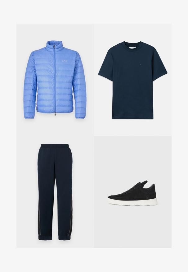 EA7 Emporio Armani JACKET - Jakna ispunjena paperjem - granada sky; Tamna plava pamučna majica s okruglim izrezom, kratkim rukavima i suptilnim logotipom otisnutim na prsima. Glatka tekstura i klasičan kroj.; Mornarice trenirke sa mekim teksturom, suženi donji dijelovi i mrežasti bočni paneli. Elastični pojas za udobnost i ležeran kroj.; Crne nubuk tenisice s bijelim gumenim potplatom, s toniranim šavovima i dizajnom vezanja. Glatka tekstura s modernim, strujnim oblikom.