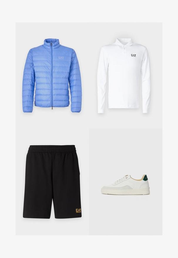 EA7 Emporio Armani JACKET - Dūnu jaka - granada sky; Balts garās piedurknes polo krekls, kas izgatavots no kokvilnas, ar klasisku apkakli, trim pogām un melnu EA7 logo uz krūtīm.; Melnas sporta šortus, kas izgatavoti no mīksta auduma, ar elastīgu jostu un mazu dzeltenu EA7 logo zem kreisā kājas stūra.; Baltas sneakers ar zamša akcentiem, noapaļota purngala, plakaniem auklām un krēmkrāsas gumijas zoli. Ar zaļu zīmolu uz papēža.