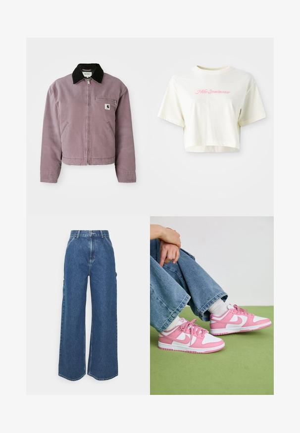 Fialová plátenná bunda s čiernym kordovým golierom, zipsovým uzáverom a vreckom na hrudi. Obsahuje bočné vrecká a skrátený strih.; Krátky, smotanový tričko vyrobené z bavlny. Obsahuje ružový vyšívaný logotyp s nápisom "Nike Sportwear." Krátke rukávy a okrúhly výstrih.; Dlhé modré džínsy so širokými nohavicami a vysokým pásom, s kontrastným prešívaním a bočnými vreckami, s klasickým dizajnom piatich vreciek a surovými lemami.; Ružové a biele Nike tenisky z kože a sieťoviny, s kontrastnými dizajnmi, okrúhlou špičkou a zodpovedajúcimi ružovými šnúrkami a akcentmi.