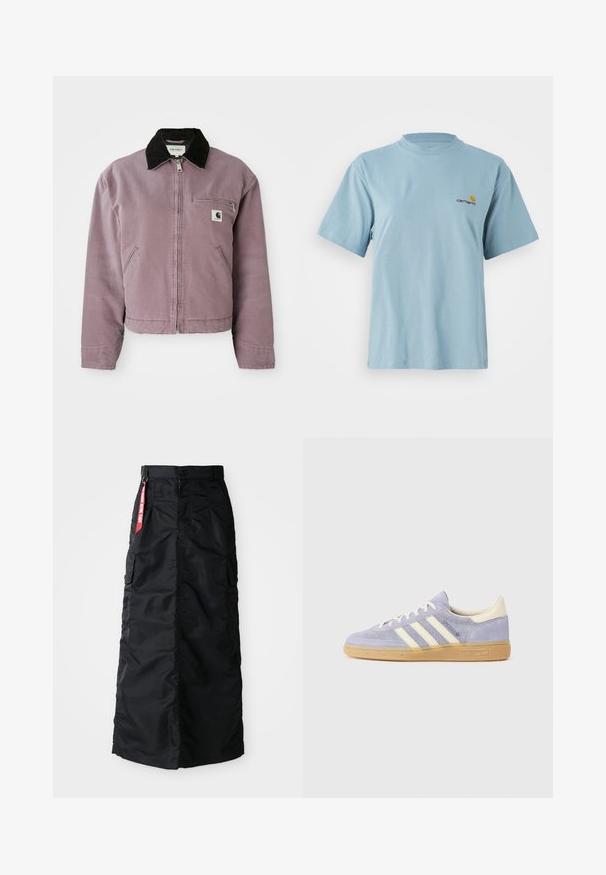 Lilla lerretjakke med svart kordfløyelskrage, glidelås foran og brystlomme. Har sidelommer og en kort design.; Lyseblå kortermet bomull T-skjorte med rund hals og liten Carhartt-logo i gul og rød på venstre bryst.; Svart lang skjørt med knapp og glidelås foran, sidelommer fra cargo-stil, og en rød "Remove Before Flight" textilplakett på midjen.; Lilla semsket snikere med tre hvite striper, gummisåle og kremfargede detaljer på hælen og tungen. Minimalistisk design med logodetalj.