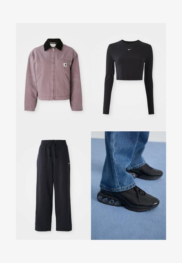 Fioletowa kurtka z płótna z czarnym kołnierzem z sztruksu, zapinana na zamek, z kieszenią na piersi. Posiada kieszenie po bokach i krótki krój.; Czarny, długi rękaw, krótki top z gładkiego materiału, z okrągłym dekoltem i białym logo Nike na piersi.; Czarne dresy z elastycznym pasem i sznurkiem do regulacji, z małym białym logo Nike po lewej stronie.; Czarne sportowe sneakersy z siateczkową cholewką, teksturowanymi akcentami i widocznymi poduszkami powietrznymi w podeszwie. Noszone z niebieskimi dżinsami.