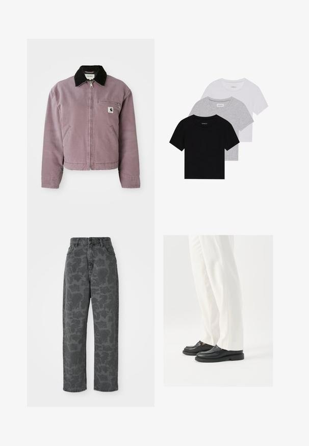 Chaqueta de lienzo morada con un cuello de pana negro, cierre de cremallera y bolsillo en el pecho. Cuenta con bolsillos laterales y un diseño corto.; Conjunto de tres camisetas de manga corta en negro, gris y blanco. Están hechas de algodón, cuentan con cuello redondo y un diseño simple de un solo color.; Jeans de mezclilla gris con un estampado floral, de cintura alta, corte recto y diseño clásico de cinco bolsillos. Tejido duradero con una ligera textura.; Mocasines de cuero negro con una textura suave, detalles de costura y punta redondeada, combinados con pantalones blancos ajustados.