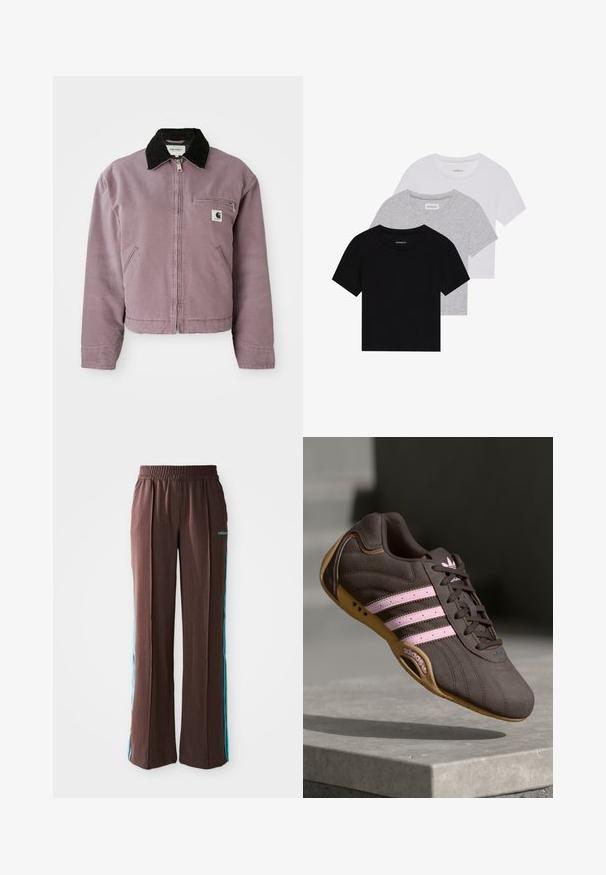 Lilla lerretjakke med svart kordfløyelskrage, glidelås foran og brystlomme. Har sidelommer og en kort design.; Sett med tre kortermede t-skjorter i svart, grått og hvitt. Laget av bomull, med rund hals og en enkel, ensfarget design.; Brune sporty bukser med ribbet tekstur, elastisk talje og turkise side striber. Har adidas-logoet på forsiden.; Brune suede atletik sko med rosa striper og logo, med en teksturert overdel, snøring og såle i gummigummi.