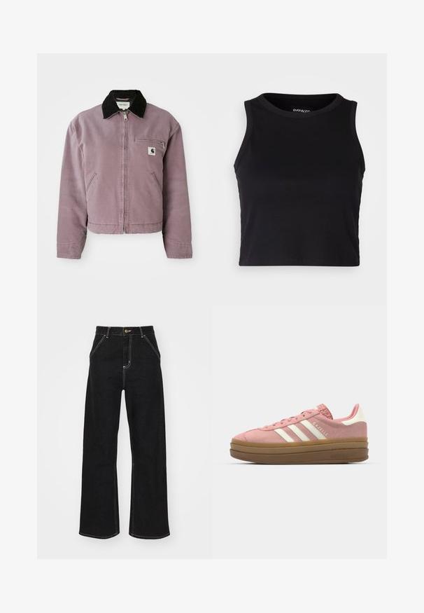 Lilla lærredjakke med en sort kordfløjlkrave, lynlås lukning og brystlomme. Har sidelommer og en cropped design.; Sort ribbet crop tank top med rund halsudskæring og ærmeløs design. Fremstillet af blødt, strækbart stof, med rene kantede kanter.; Sorte bukser med bred ben, lavet af denim og prydet med kontrastfarvet hvid syning samt en frontlukning med knap, og to skrå forlommer.; adidas Originals GAZELLE BOLD - Sneakers - mauve/off white