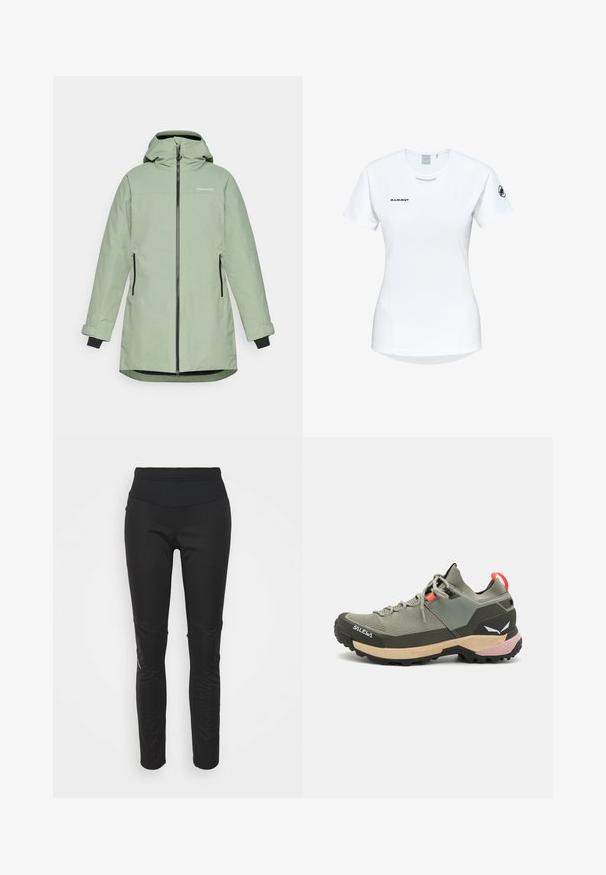 Lys grøn vandtæt jakke med lynlås foran, justerbar hætte og to sidelommer, med sorte detaljer på manchetter og lynlåse.; Kortærmet hvid sportsshirt med rund hals, prydet med et logo på brystet og en glat, let stofstruktur.; Sorte atletiske leggings med høj talje, glat tekstur, logo-detalje og sidelæns paneler for ekstra visuel interesse.; Letvægts grøn vandresko med mesh- og gummimaterialer, sort skridfast ydersål, pink og orange detaljer samt forstærket tåhætte.