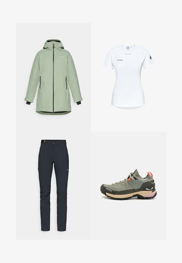 Lys grøn vandtæt jakke med lynlås foran, justerbar hætte og to sidelommer, med sorte detaljer på manchetter og lynlåse.; Kortærmet hvid sportsshirt med rund hals, prydet med et logo på brystet og en glat, let stofstruktur.; Herrers udendørsbukser, mørkegrå, lavet af fleksibelt materiale, med bælte, lynlåslommer og forstærkede syninger.; Letvægts grøn vandresko med mesh- og gummimaterialer, sort skridfast ydersål, pink og orange detaljer samt forstærket tåhætte.