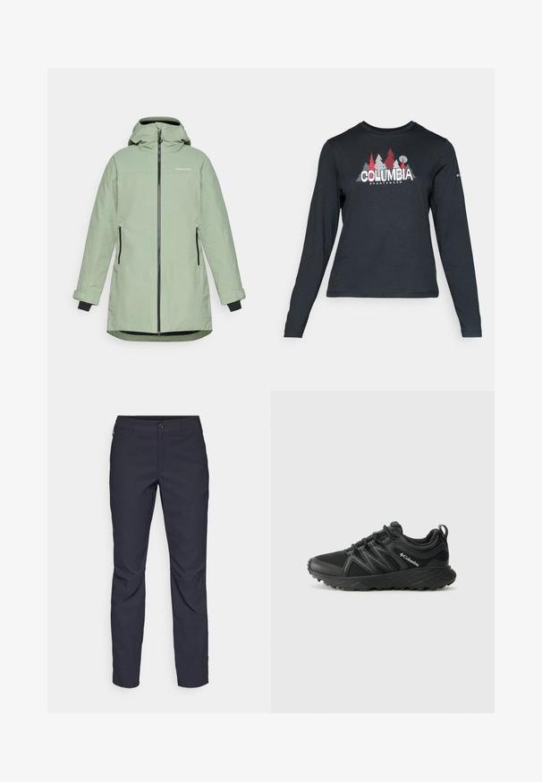Svijetlozelena vodootporna jakna s patentnim zatvaračem sprijeda, podesivim kapuljačom i dva bočna džepa, s crnim detaljima na manžetama i patentnim zatvaračima.; Majica z dolgimi rokavi temno siva z grafiko rdečih dreves in gora; logotip "COLUMBIA" v krepki beli barvi. Mehka tkanina, standarden krojen ovratnik.; Mornarji modri hlače iz gladkega blaga, z zapiranjem na gumb spredaj, tesno prilegnjenim krojem in gubami na kolenih.; Columbia PEAKFREAK - Pohodniški čevlji - black