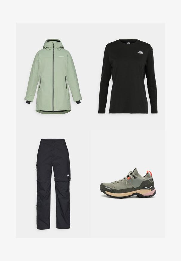 Světle zelená nepromokavá bunda s rozepínáním na zip, nastavitelnou kapucí a dvěma bočními kapsami, s černými detaily na manžetách a zipu.; Černé tričko s dlouhým rukávem vyrobené z bavlny s kulatým výstřihem. Na levé části hrudi se nachází malé bílé logo. Jednoduchý design a střih.; Černé nylonové cargo kalhoty na zip s nastavitelnými manžetami, několika kapsami a logem na pravé noze. Hladká, lehká textura.; Lehká zelená turistická bota vyrobená z prodyšných a gumových materiálů, s černou trakční podešví, růžovými a oranžovými akcenty a zpevněným špičkovým krytem.