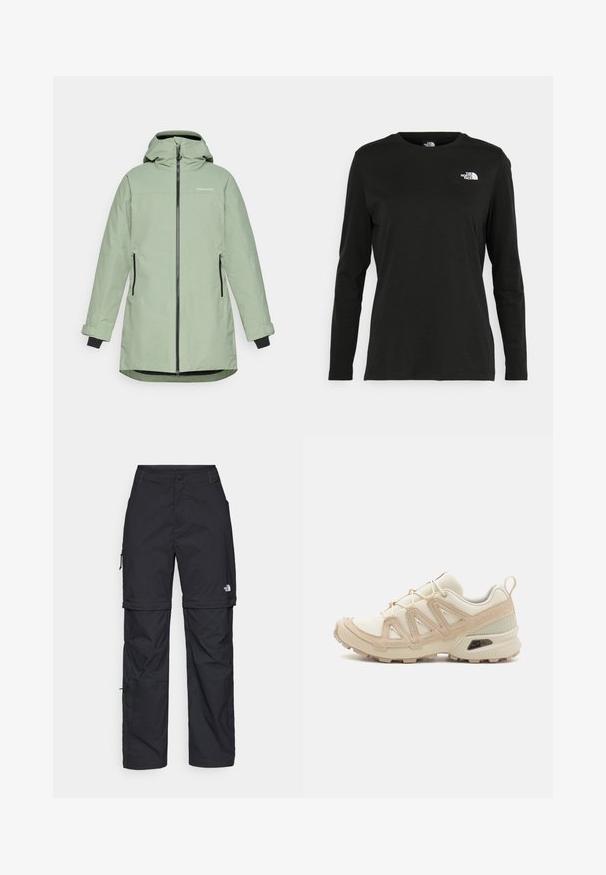 Ανοιχτό πράσινο αδιάβροχο μπουφάν με φερμουάρ μπροστά, ρυθμιζόμενη κουκούλα και δύο πλαϊνές τσέπες, με μαύρες λεπτομέρειες στους καρπούς και τα φερμουάρ.; Μαύρο μακρυμάνικο μπλουζάκι από βαμβάκι με στρογγυλή λαιμόκοψη. Διαθέτει ένα μικρό λευκό λογότυπο στην αριστερή πλευρά του στήθους. Απλός σχεδιασμός και εφαρμογή.; Μαύρα νάιλον παντελόνια cargo με φερμουάρ που αφαιρούνται, ρυθμιζόμενους καρπούς, πολλαπλές τσέπες και λογότυπο στο δεξί πόδι. Απαλή, ελαφριά υφή.; Μπεζ και κρεμ αθλητικό παπούτσι με υφασμάτινη άνω επιφάνεια με υφή, υποστηρικτικά overlay και καουτσούκ σόλα με σχέδιο πέλματος για πρόσφυση.