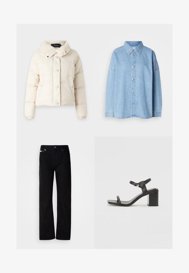 Šviesiai smėlio spalvos pūkų striukė su kailiniu apykakle, spaudės mygtukais ir šoniniais kišenėmis; pasižymi trumpu dizainu ir švelnia, lygia tekstūra.; Šviesiai mėlynos džinsinės marškinės su užsegimu priekyje, plačia apykakle ir ilgomis rankovėmis, papuoštos metaliniais mygtukais ir laisvos formos dizainu.; Juodi džinsai tiesaus kirpimo su penkiomis kišenėmis, sidabriniais kabliukais ir mygtukų užtrauktuku. Medžiaga turi lygią, šiek tiek tekstūruotą apdailą.; Juodas odinis blokinis kulnas sandalas su plačia juostele per pirštus ir reguliuojama kulkšnies juostele, pasižymintis elegantišku, minimalistiniu dizainu.